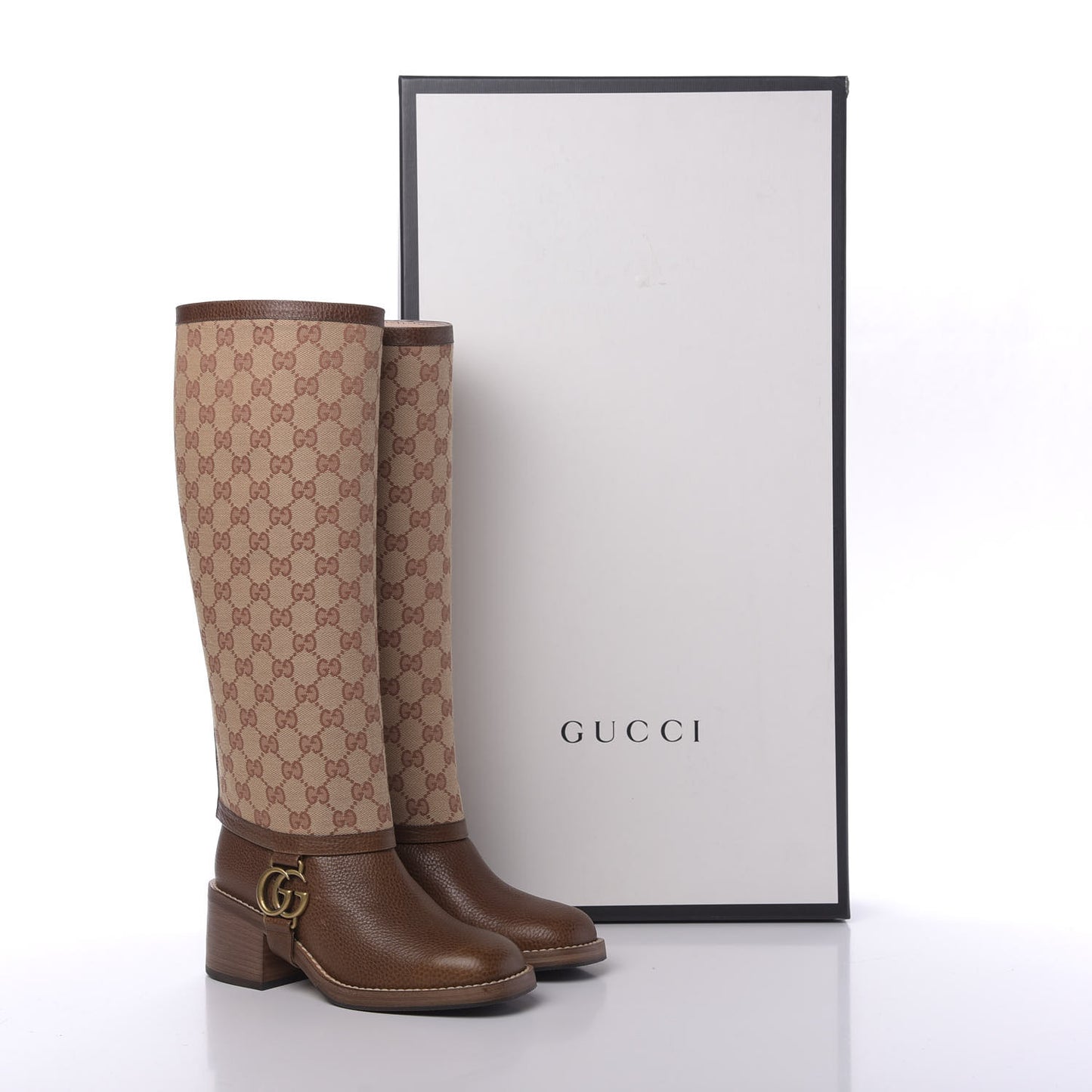 GG Monogram Calfskin Lola Tall Boots 35 Beige Ruggine Cuir