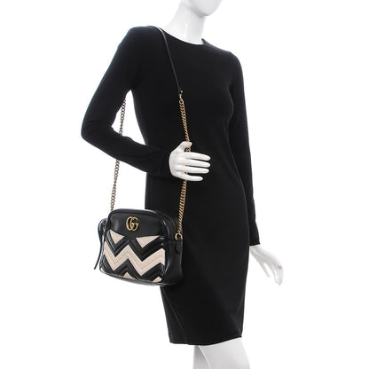 Gucci Calfskin Matelasse Medium GG Marmont Chain Shoulder Bag Black White 2 of 9