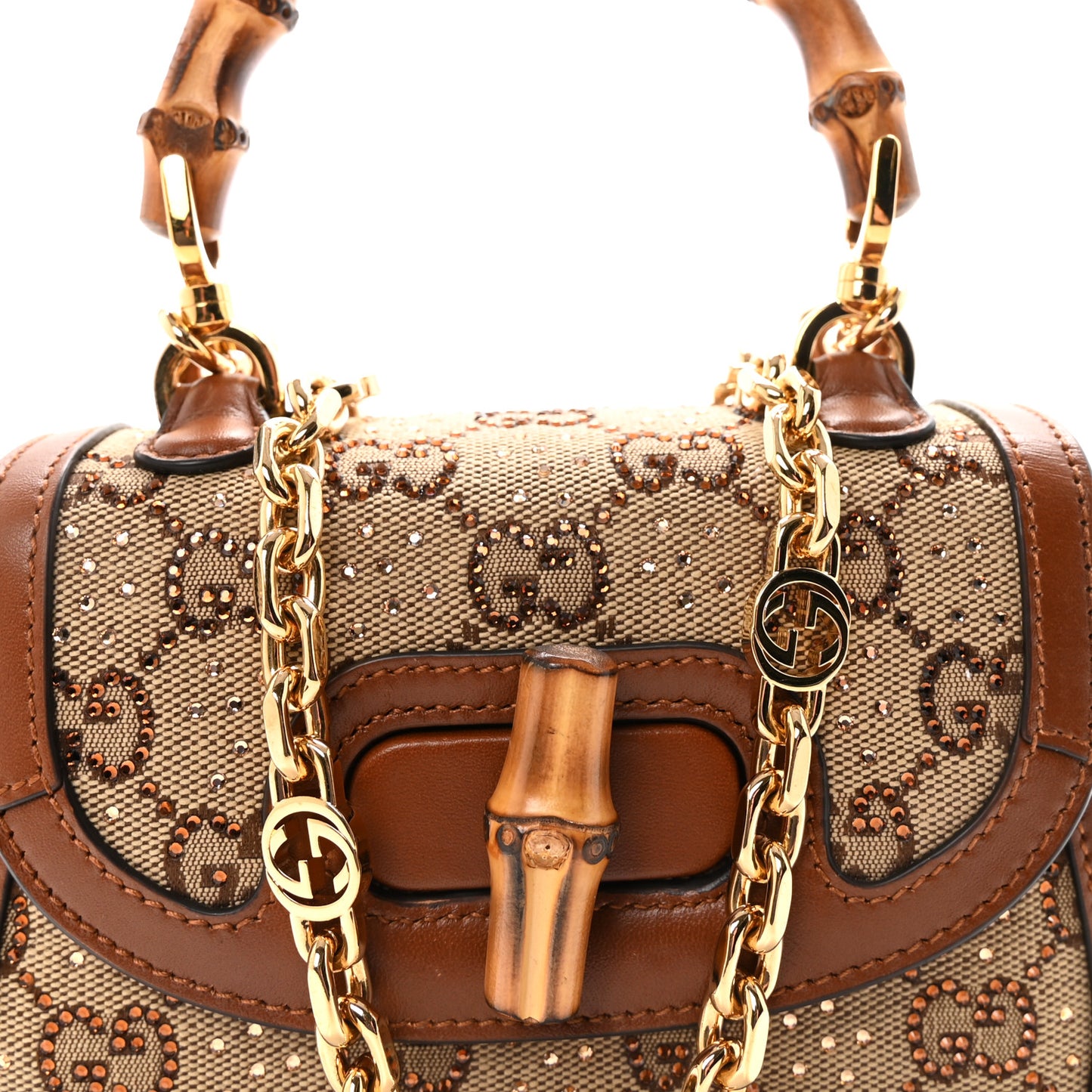 New Canvas Charisma Calfskin Crystal GG Monogram Small Bamboo 1947 Top Handle Bag Camel Ebony