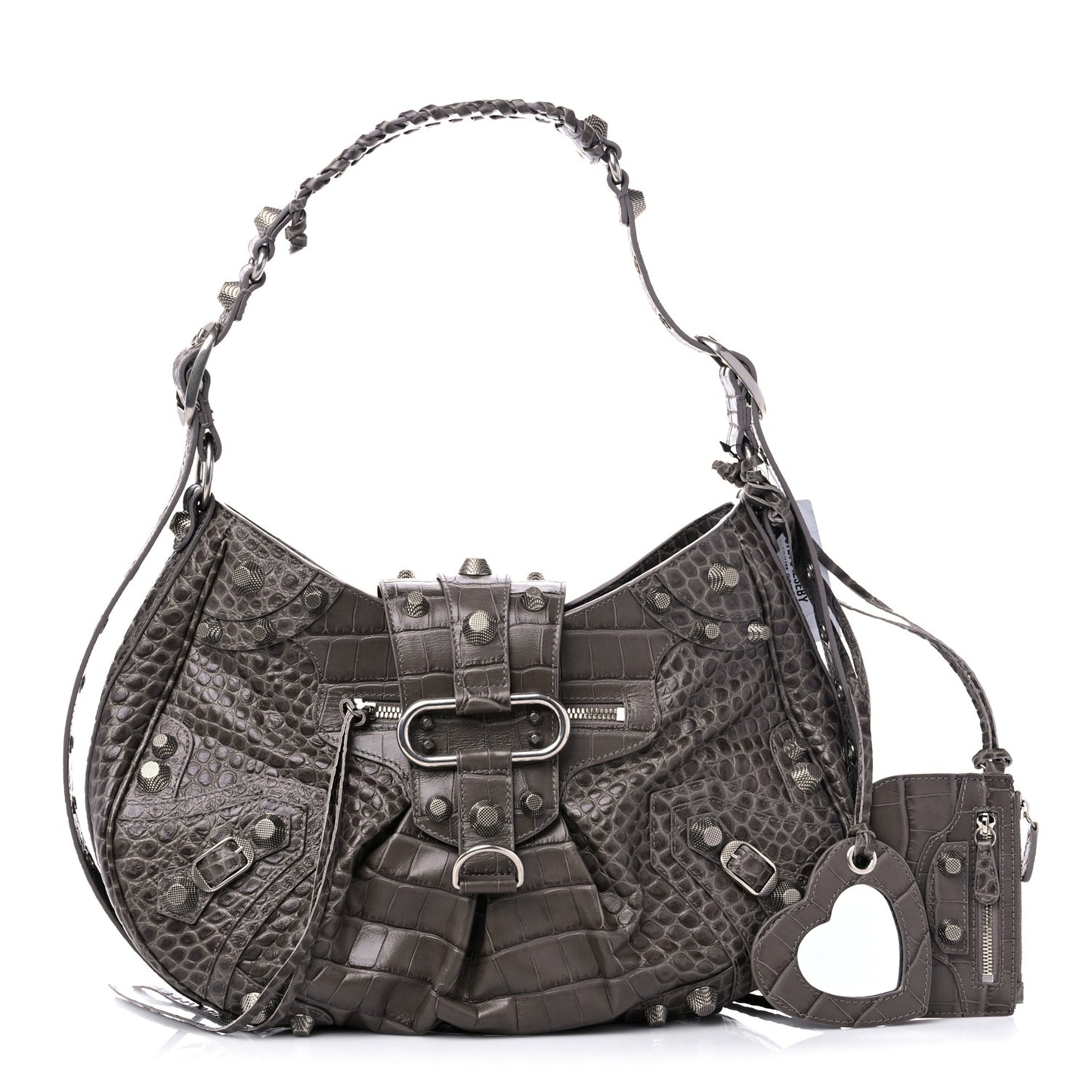 Extra Supple Calfskin Crocodile Embossed Medium Le Cagole Shoulder Bag Medium Grey