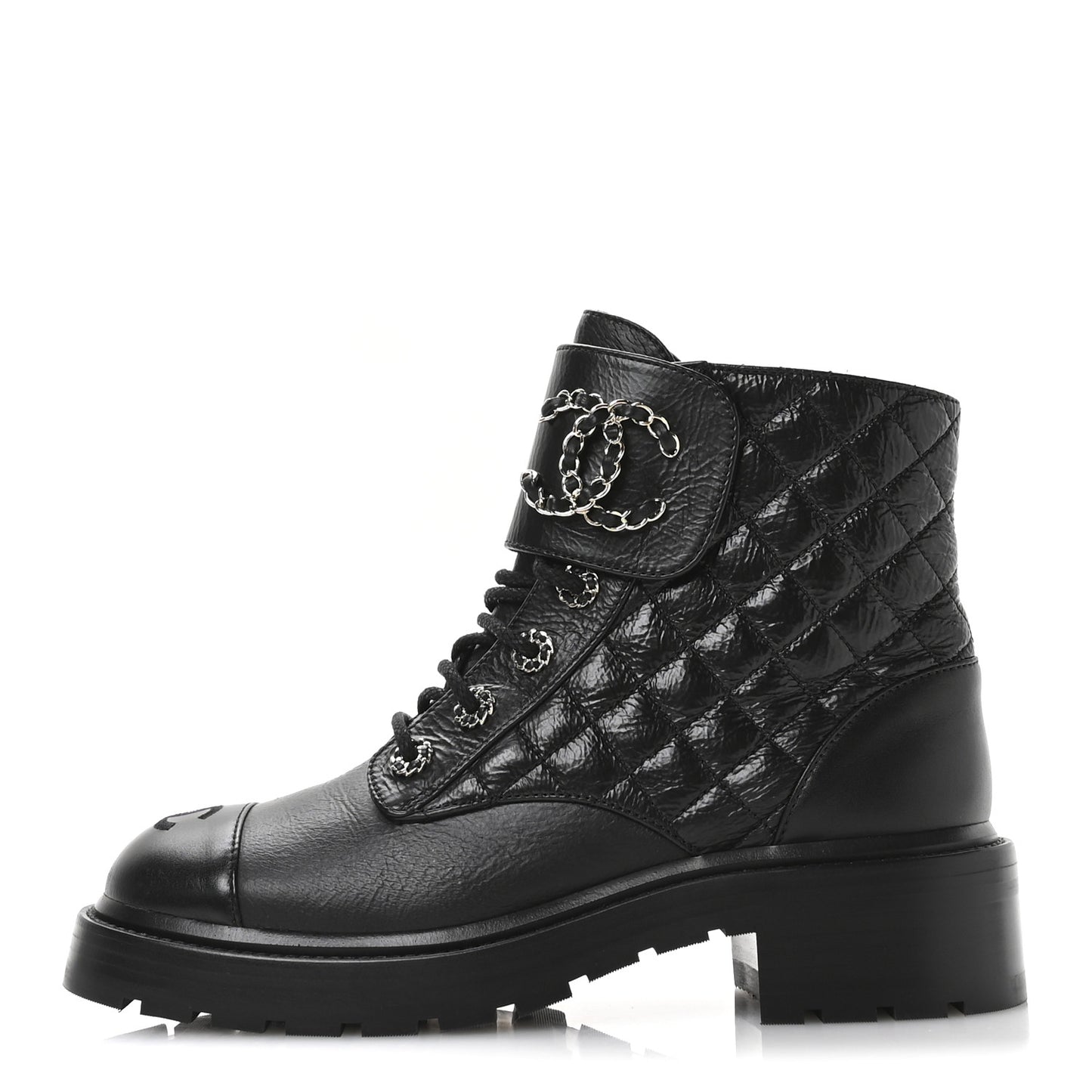 Shiny Goatskin Calfskin Quilted Lace Up Combat Boots 39 Black