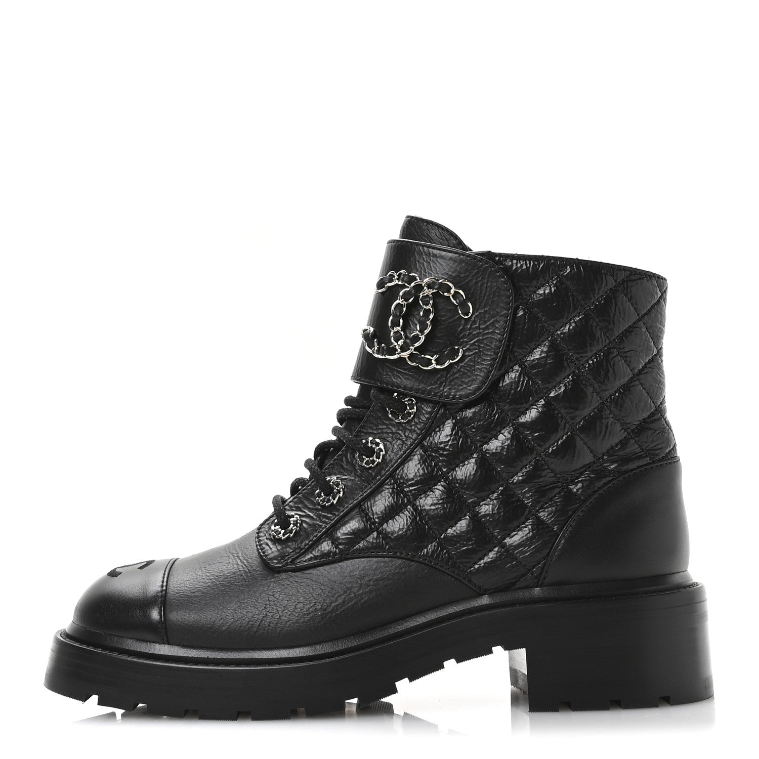 Chanel Shiny Goatskin Calfskin Quilted Lace Up Combat Boots 39 Black 1 of 9