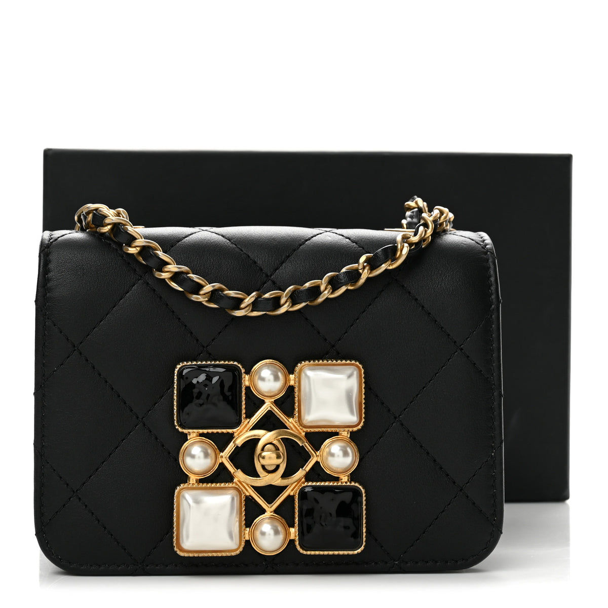 Calfskin Quilted Crystal Pearl Mini Flap Bag Black