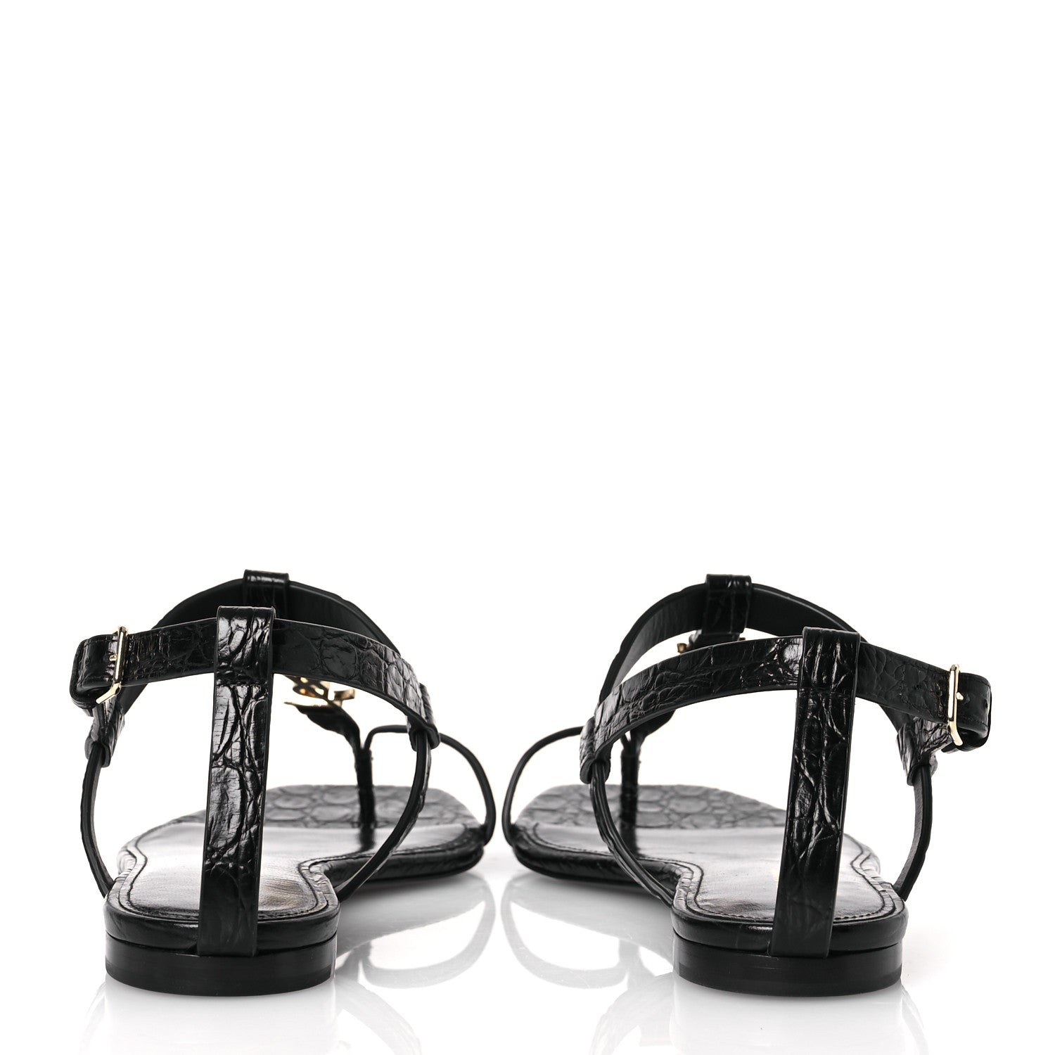 Saint Laurent Calfskin Crocodile Embossed Cassandra Monogram Sandals 40 Black 6 of 12