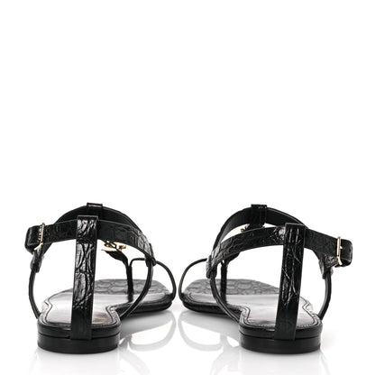 Saint Laurent Calfskin Crocodile Embossed Cassandra Monogram Sandals 40 Black 6 of 12