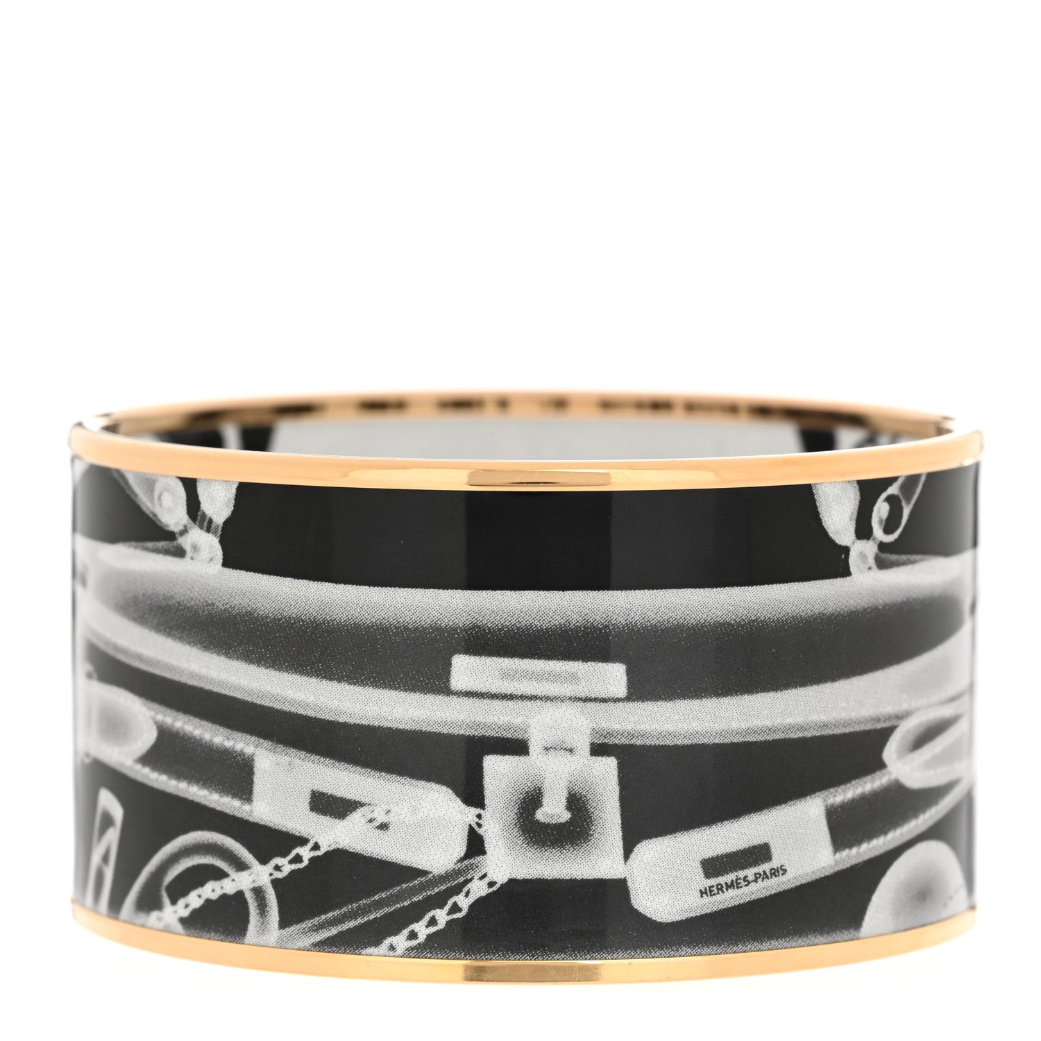 Hermes Enamel Printed Please, Check In Extra Wide Bracelet 65 Black White 1 of 5