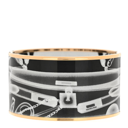 Hermes Enamel Printed Please, Check In Extra Wide Bracelet 65 Black White 1 of 5