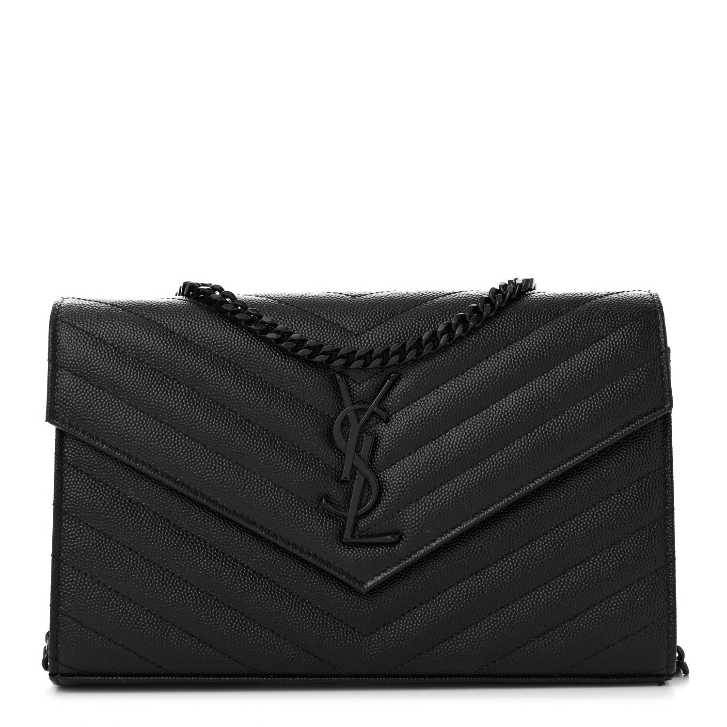 Saint Laurent Grain De Poudre Matelasse Chevron Monogram Monochrome Chain Wallet Black 1 of 12