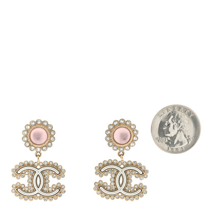 Chanel Metal Crystal Pearl CC Drop Earrings Pink Gold 2 of 4
