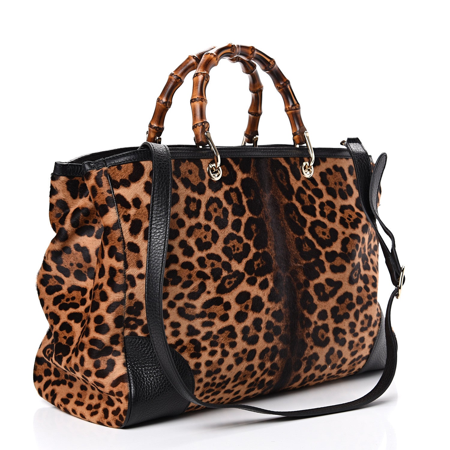 Gucci Calf Hair Leopard Print Large Bamboo Shopper Tote Black 2 of 11