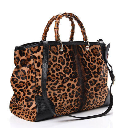 Gucci Calf Hair Leopard Print Large Bamboo Shopper Tote Black 2 of 11