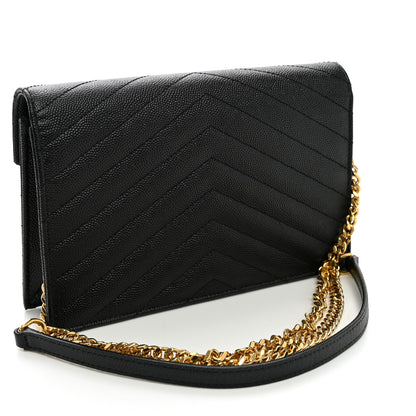 Saint Laurent Grain De Poudre Matelasse Chevron Monogram Envelope Chain Wallet Black 3 of 10