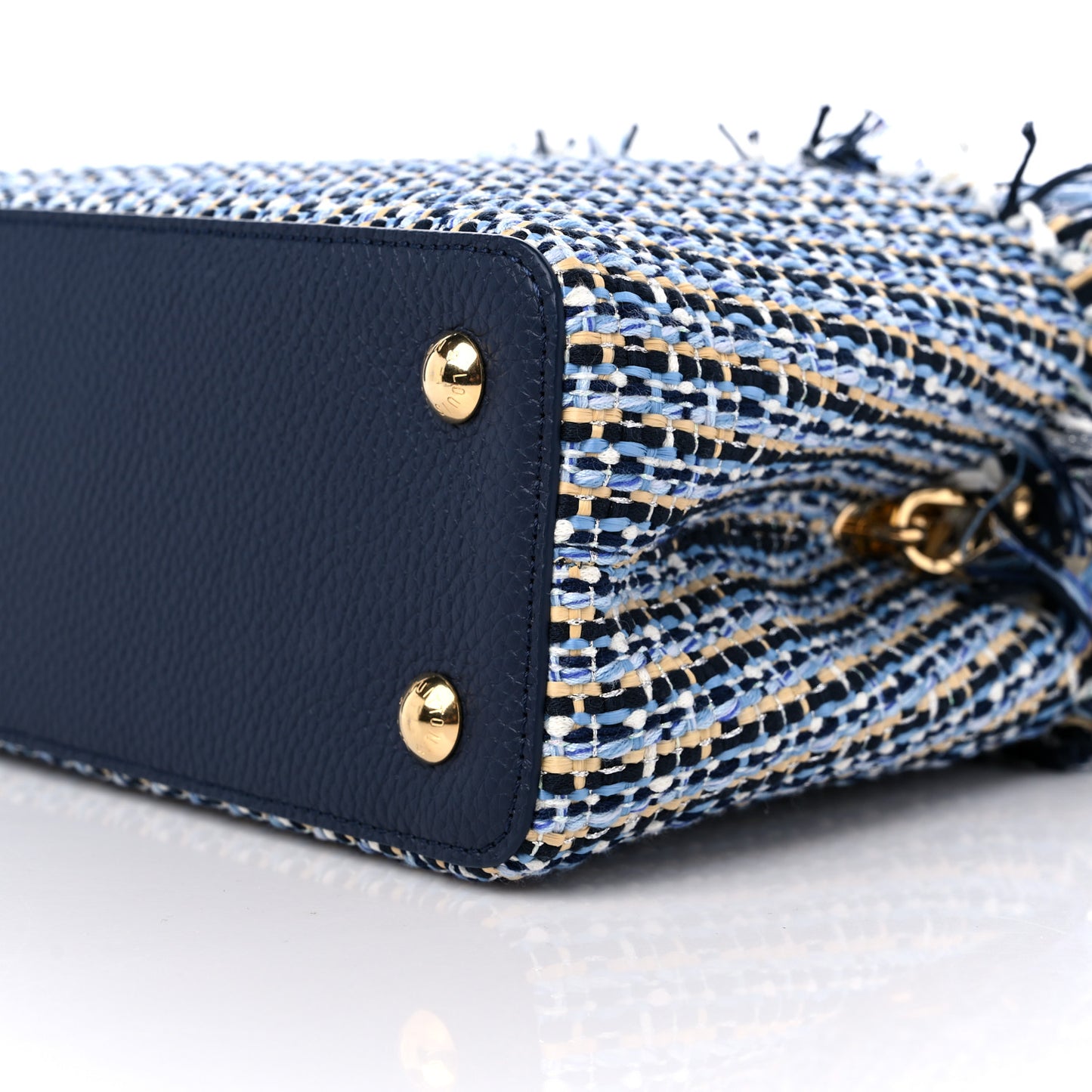 Tweed Raffia Calfskin Capucines MM Multicolor Navy
