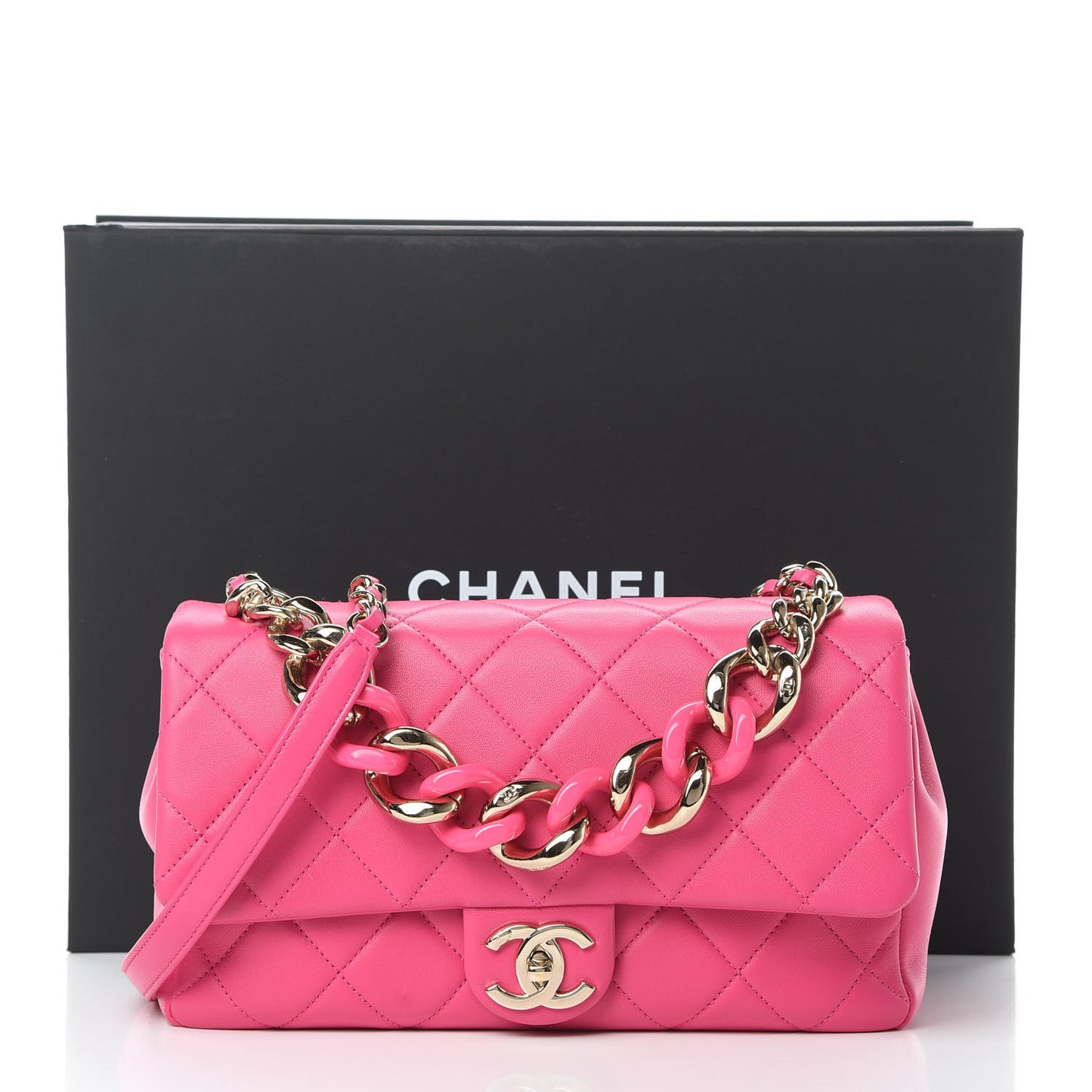 Lambskin Quilted Resin Bi-Color Chain Flap Bag Pink