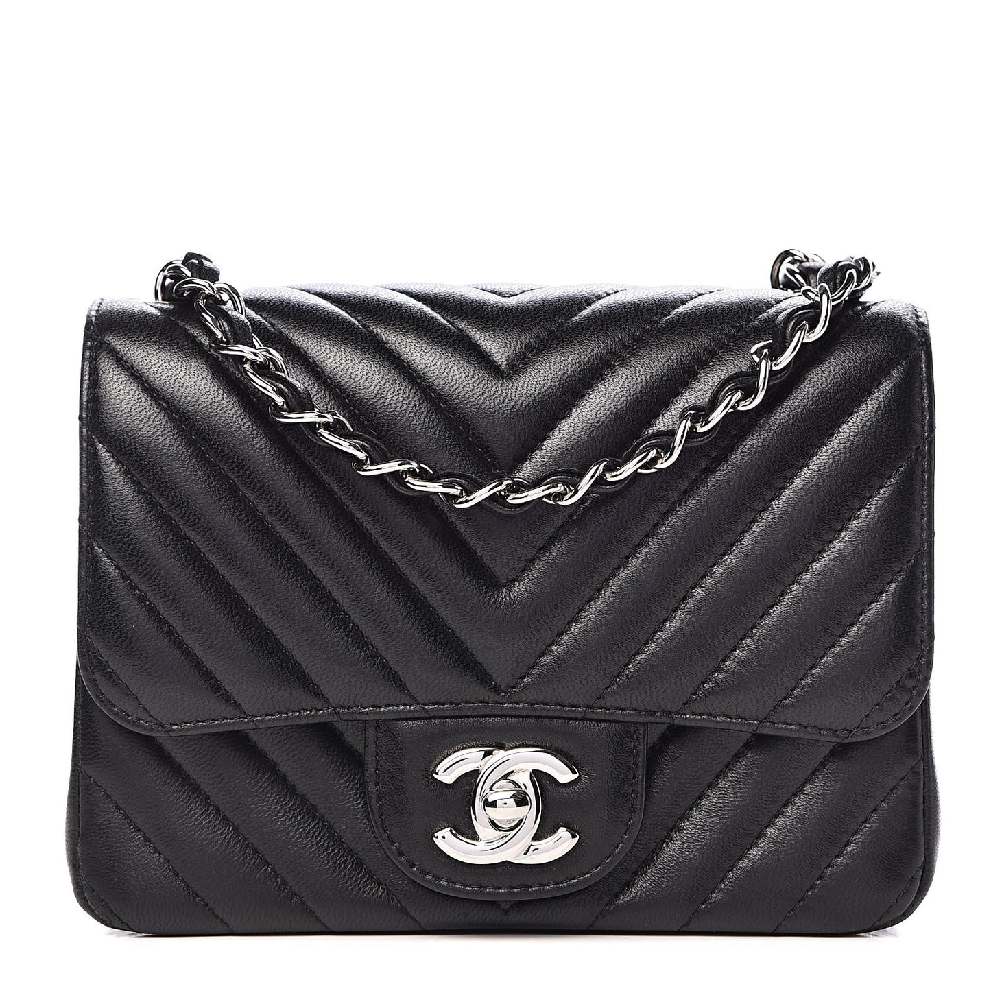 Lambskin Chevron Quilted Mini Square Flap Black
