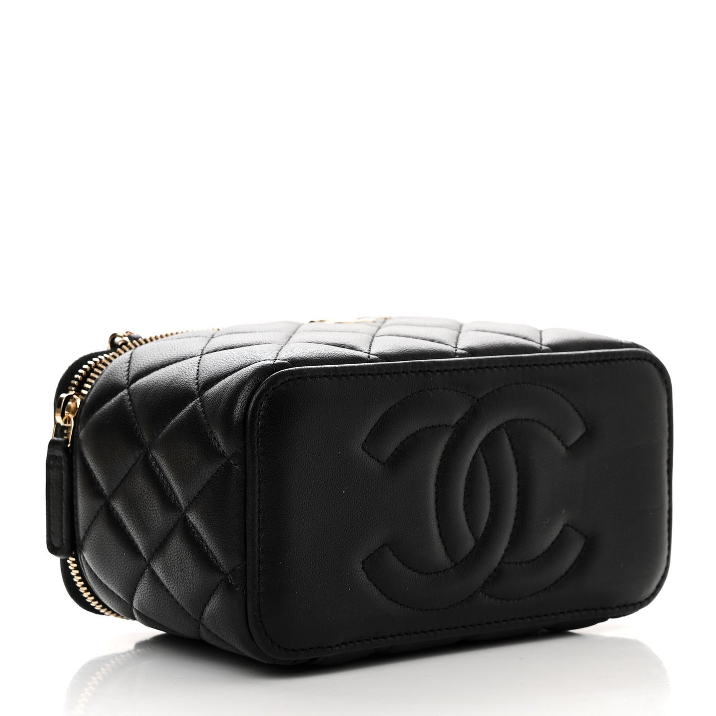Lambskin Quilted Small Top Handle Vanity Case With Chain Black
