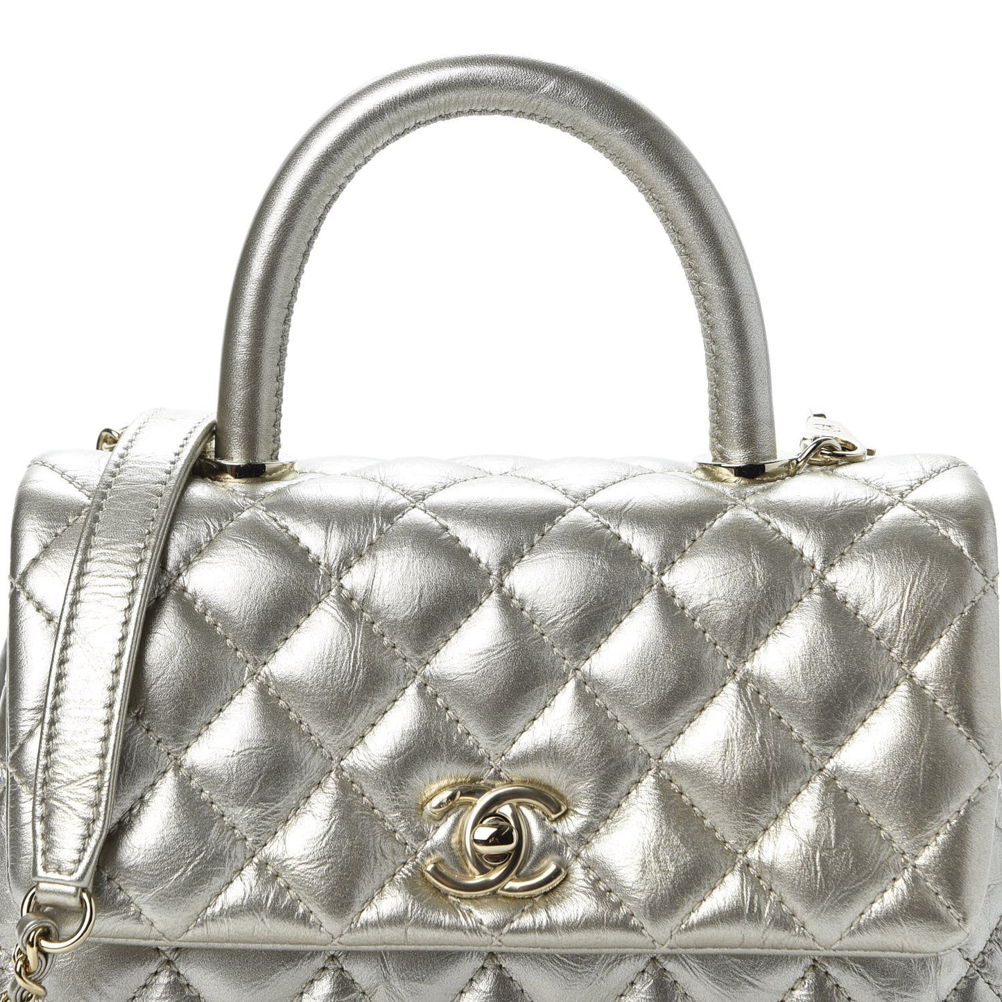 Metallic Aged Calfskin Quilted Mini Coco Handle Flap Silver