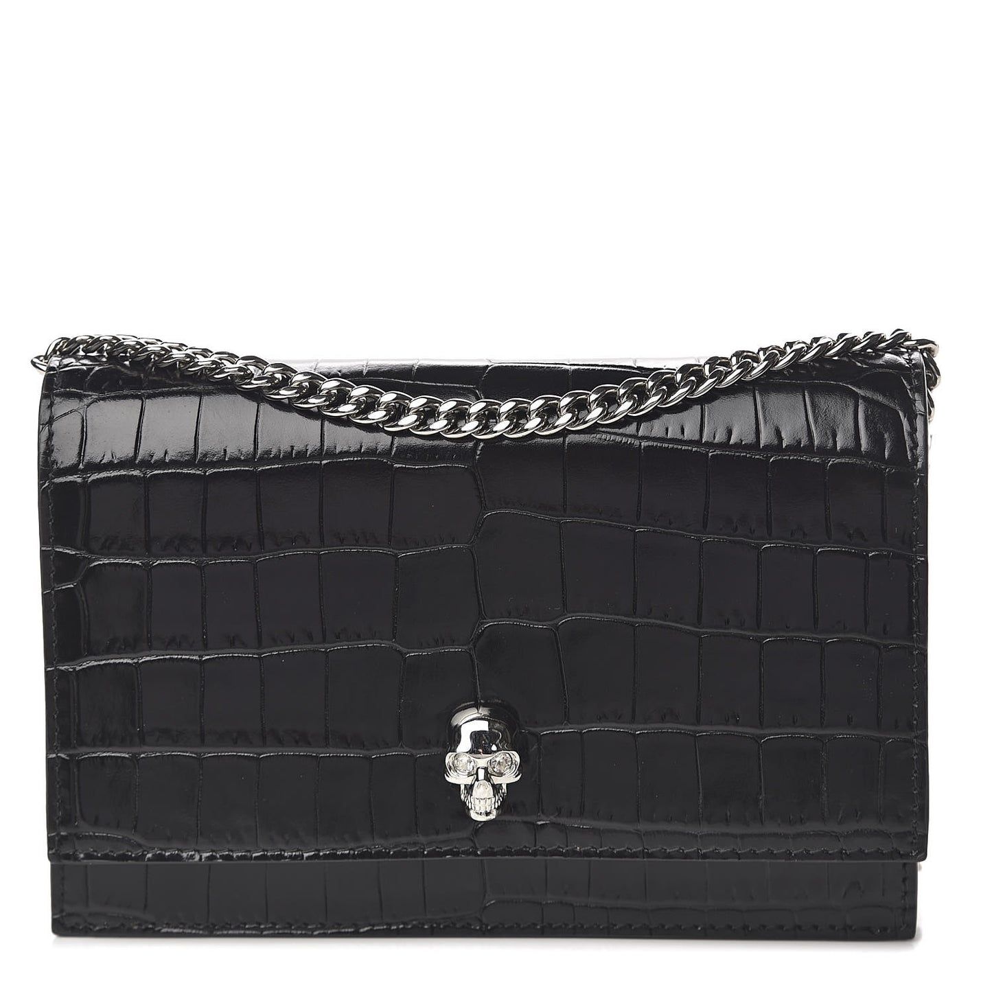 Calfskin Crocodile Embossed Skull Mini Crossbody Bag Black