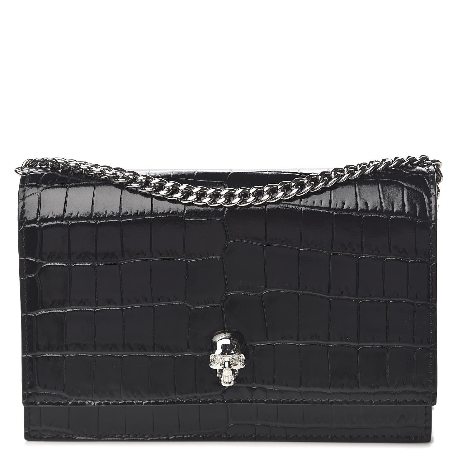 Alexander McQueen Calfskin Crocodile Embossed Skull Mini Crossbody Bag Black 1 of 11