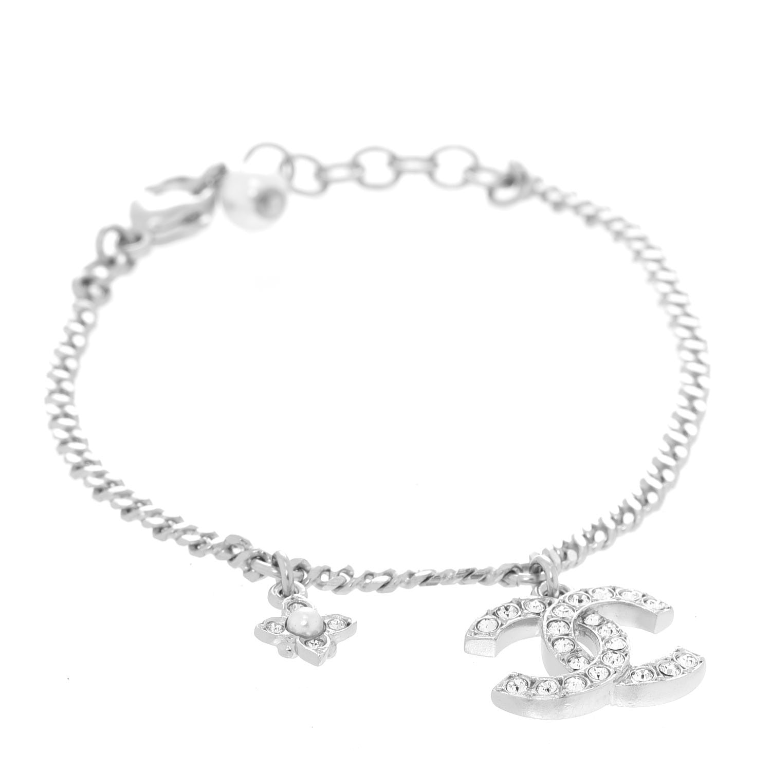 Chanel Crystal Pearl Flower CC Bracelet Silver 1 of 6