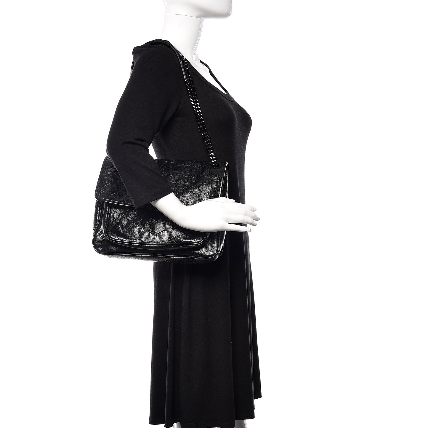 Crinkled Calfskin Matelasse Monogram Medium Niki Chain Satchel Black