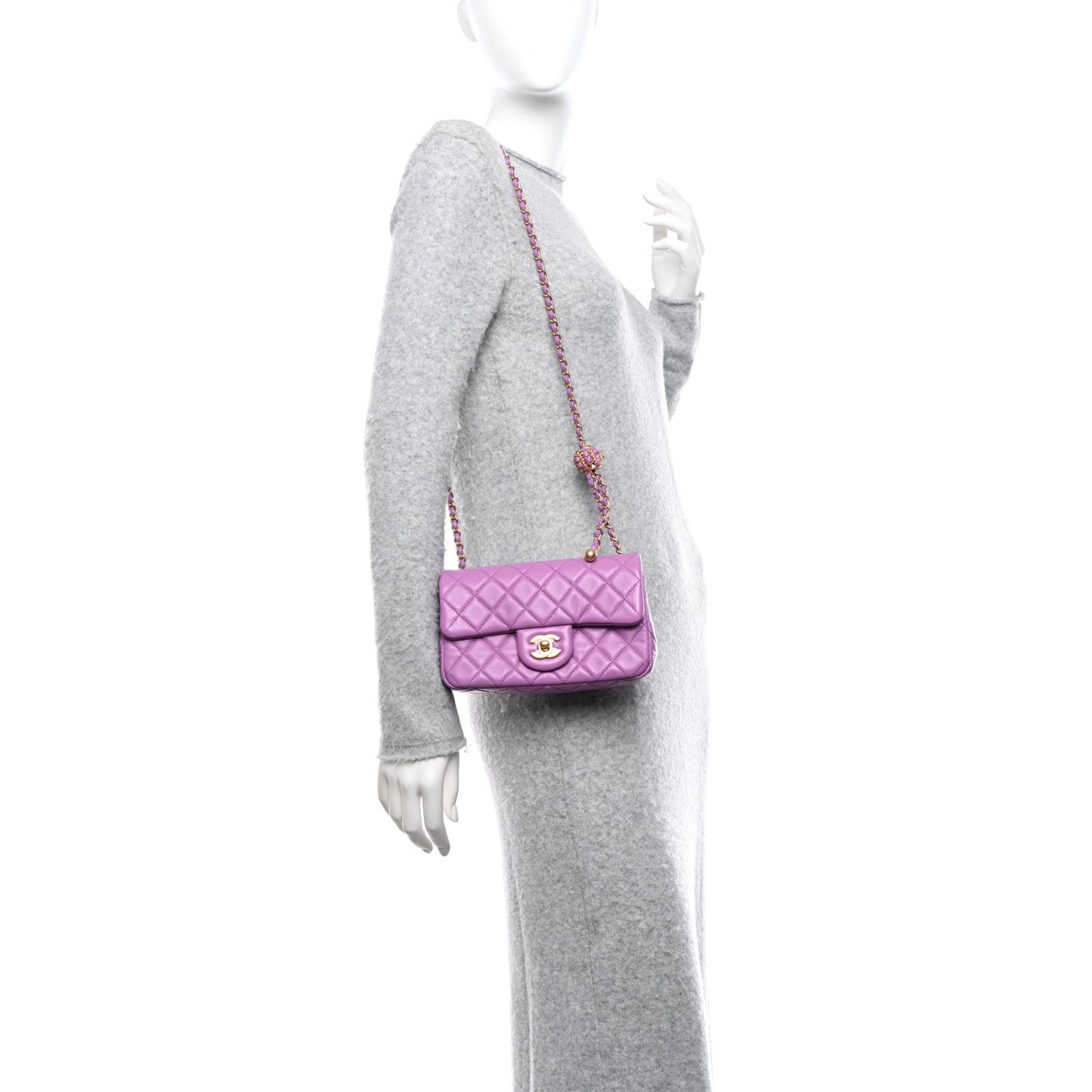 Lambskin Quilted Mini Rectangular Pearl Crush Flap Purple