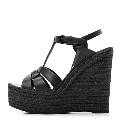 Saint Laurent Calfskin Tribute 95 Platform Espadrille Wedge Sandals 36.5 Black 1 of 8