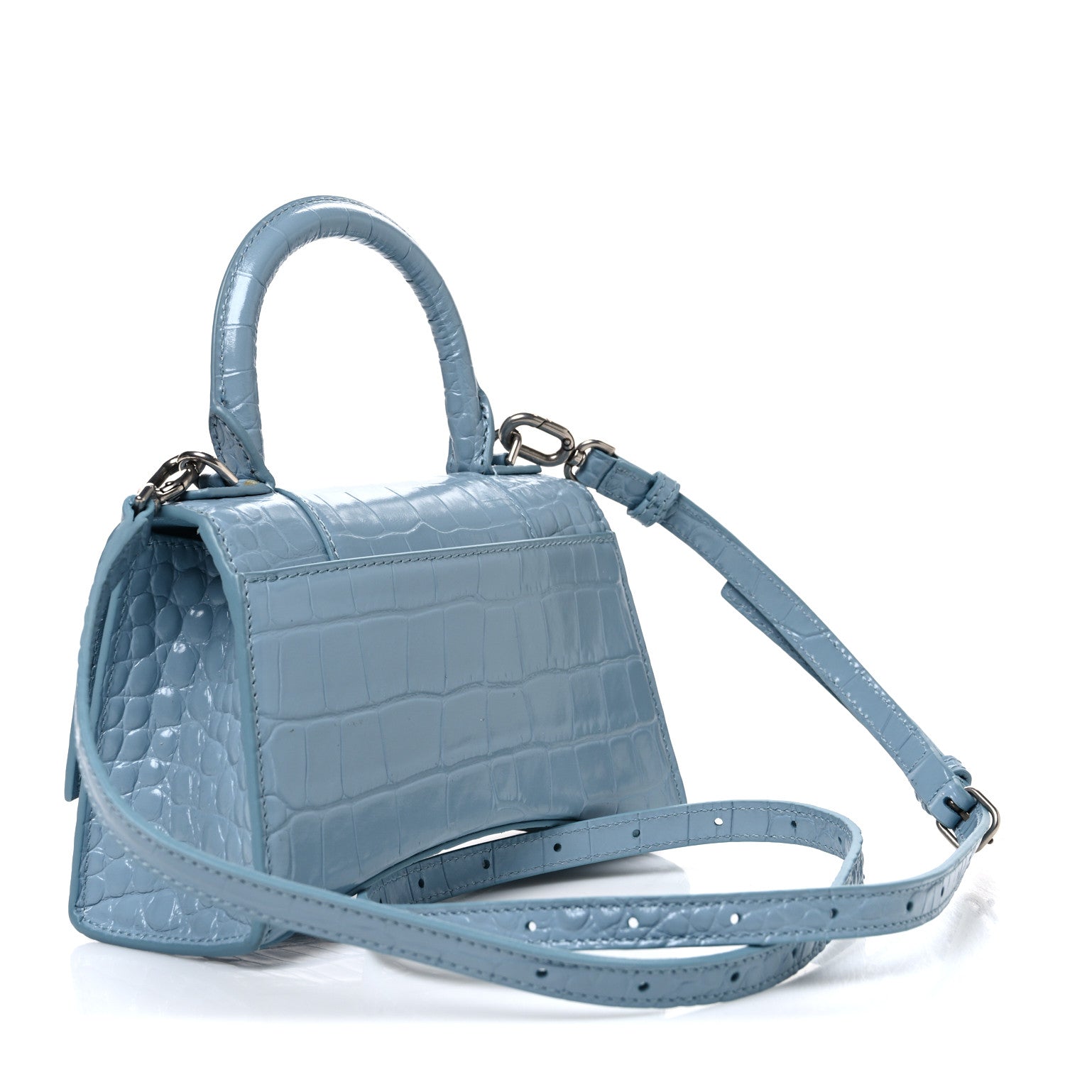 Balenciaga Shiny Calfskin Crocodile Embossed Hourglass Top Handle Bag XS Blue Grey 3 of 11