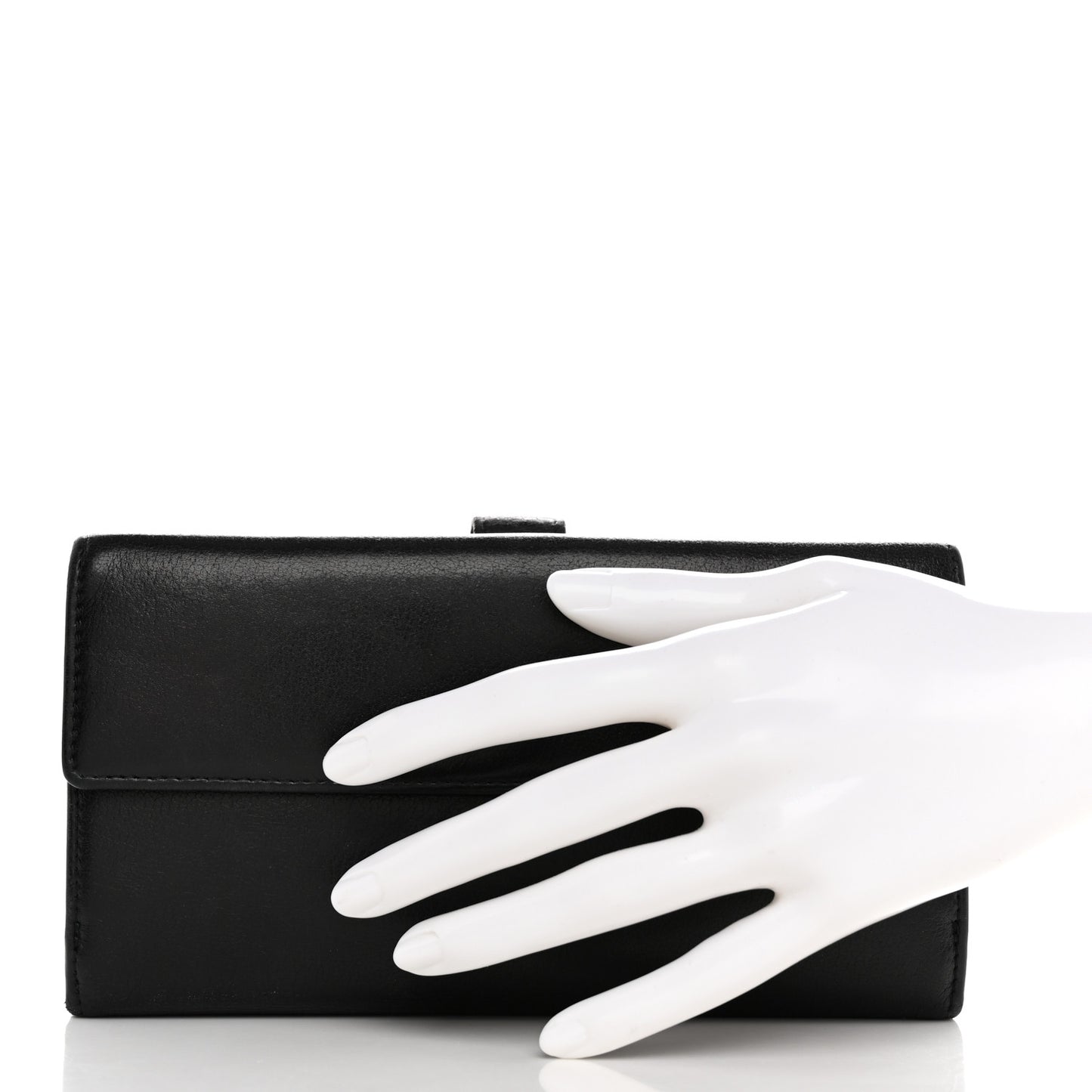 Goatskin Camellia Embossed Flap Wallet Black