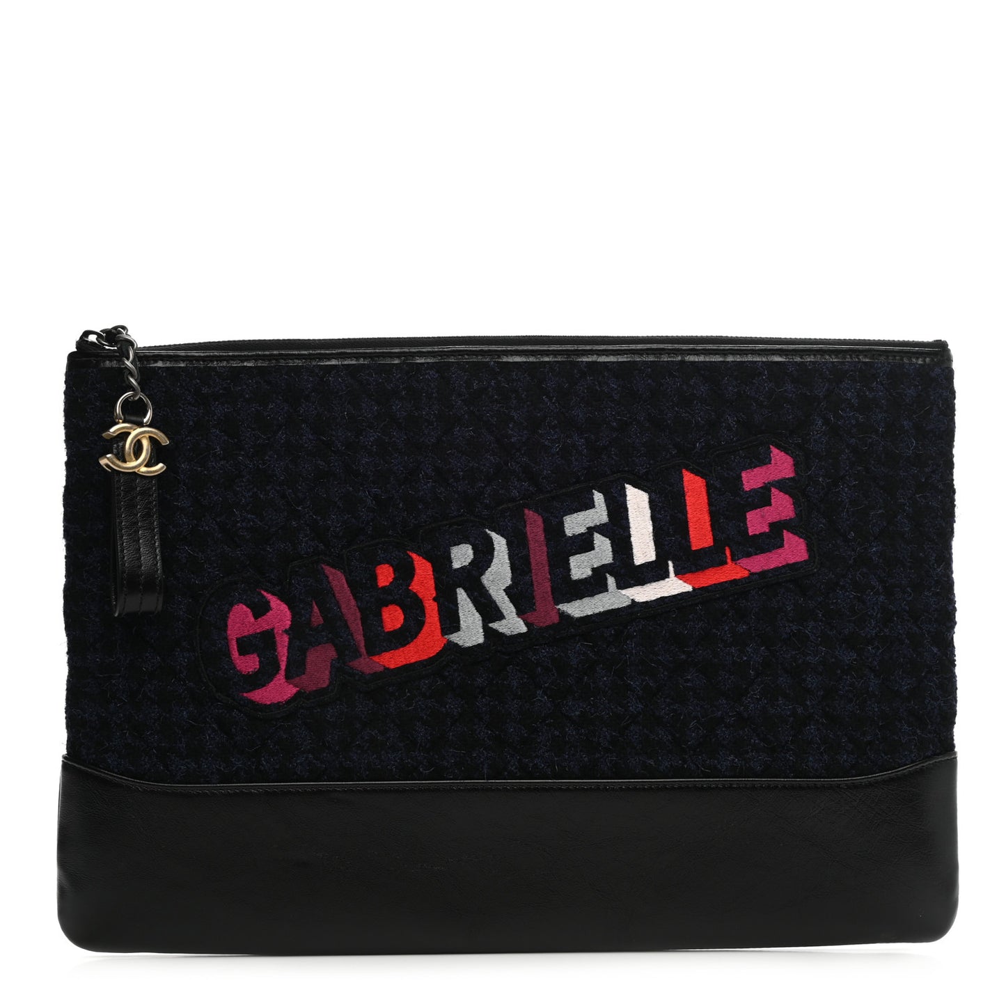 Tweed Calfskin Quilted Gabrielle Pouch Clutch Navy