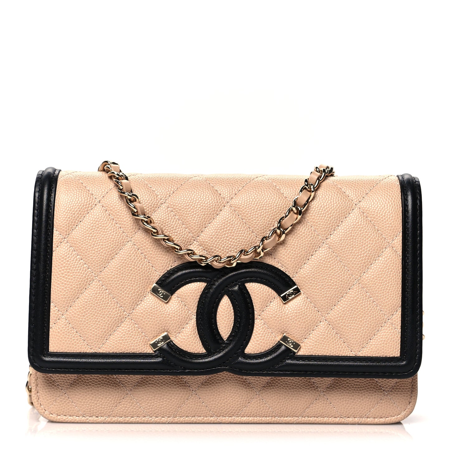 Caviar Quilted CC Filigree Wallet On Chain WOC Beige Black