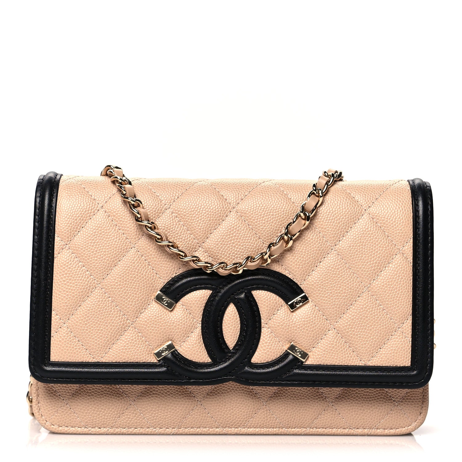 Chanel Caviar Quilted CC Filigree Wallet On Chain WOC Beige Black 1 of 10