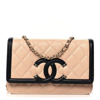 Chanel Caviar Quilted CC Filigree Wallet On Chain WOC Beige Black 1 of 10