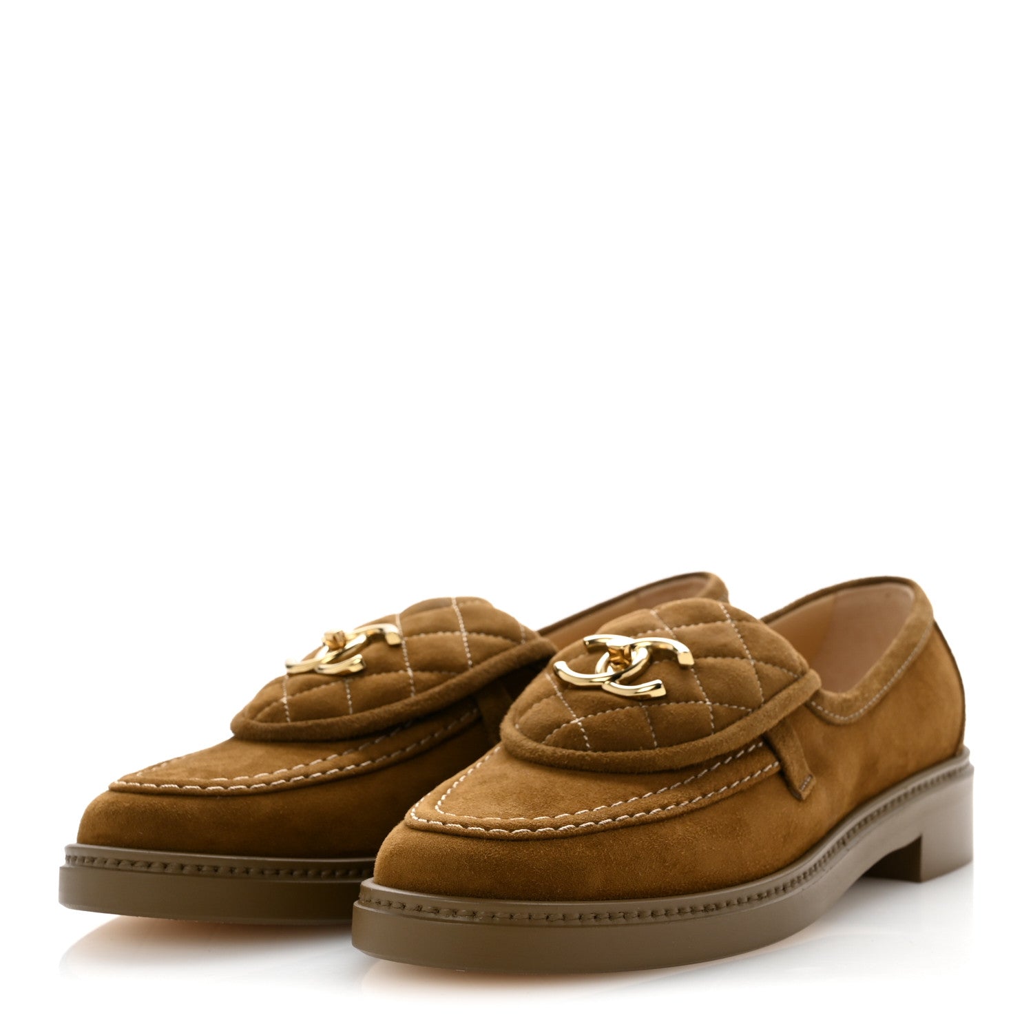 CHANEL ベージュ キルティング ローファー Chanel Suede Kidskin Quilted CC Turnlock Loafers 38 Light Brown