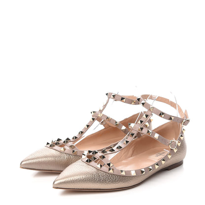 Valentino Garavani Metallic Pebbled Calfskin Rockstud Cage Ballerina Flats 41.5 Sasso Poudre 3 of 9