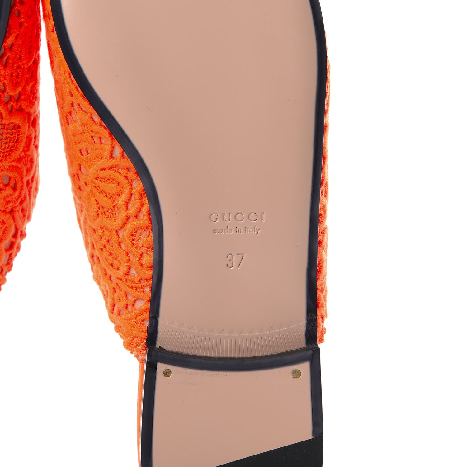 Gucci Lace Malaga Kid Womens Princetown Slippers 37 Orange Fluo Skin Rose 6 of 8