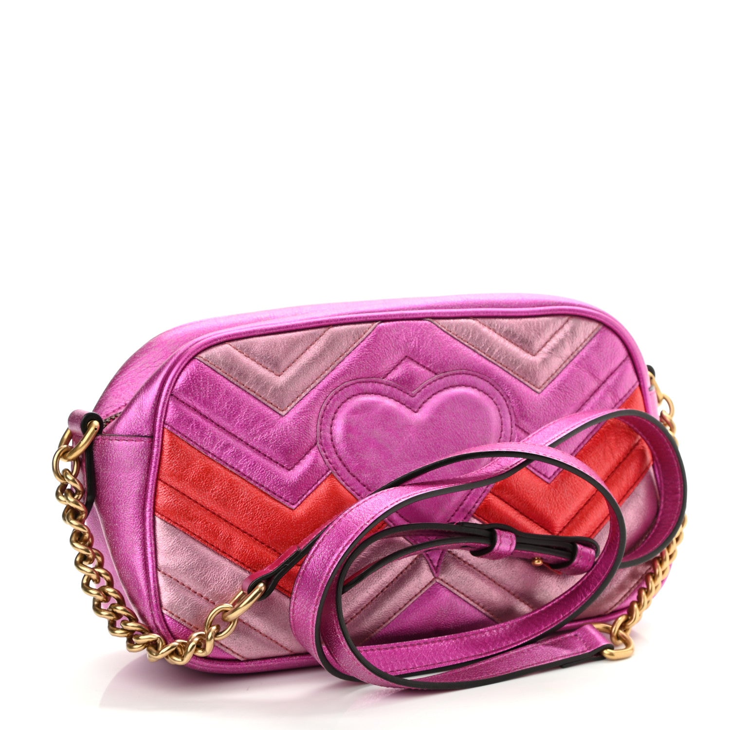 Gucci Laminated Nappa Matelasse Small GG Marmont Chain Shoulder Bag Fuxia Rosso Rosa 3 of 11