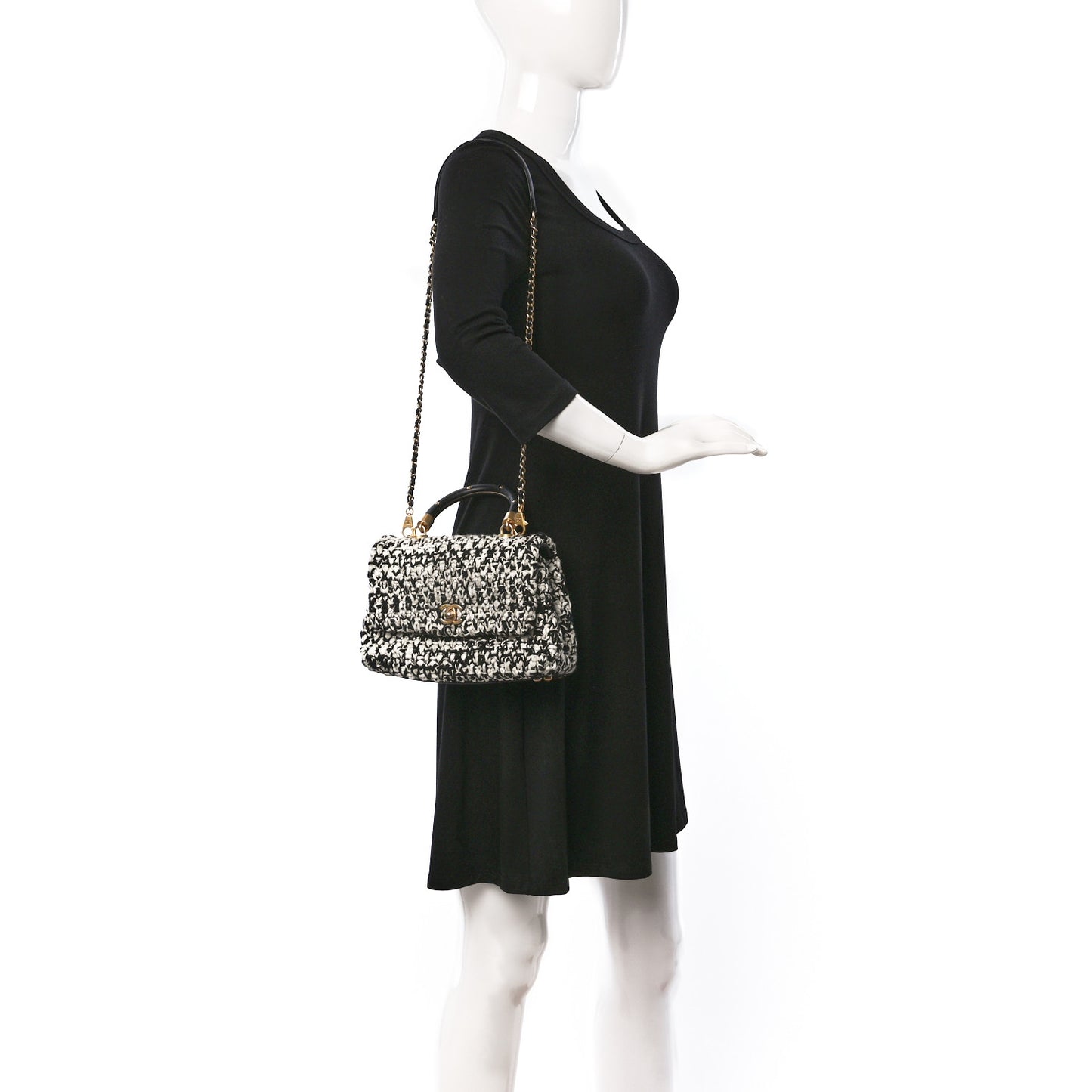 Tweed Quilted Mini Coco Handle Flap Black Beige