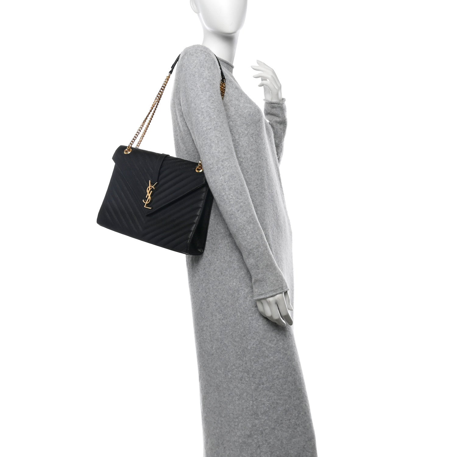 Saint Laurent Grain De Poudre Matelasse Chevron Large Monogram Satchel Black 2 of 16