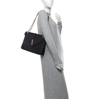 Saint Laurent Grain De Poudre Matelasse Chevron Large Monogram Satchel Black 2 of 16