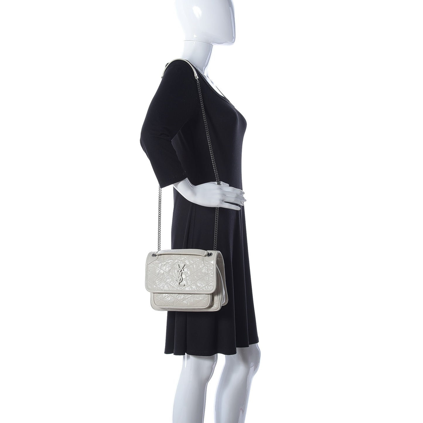Crinkled Calfskin Matelasse Monogram Baby Niki Chain Satchel White