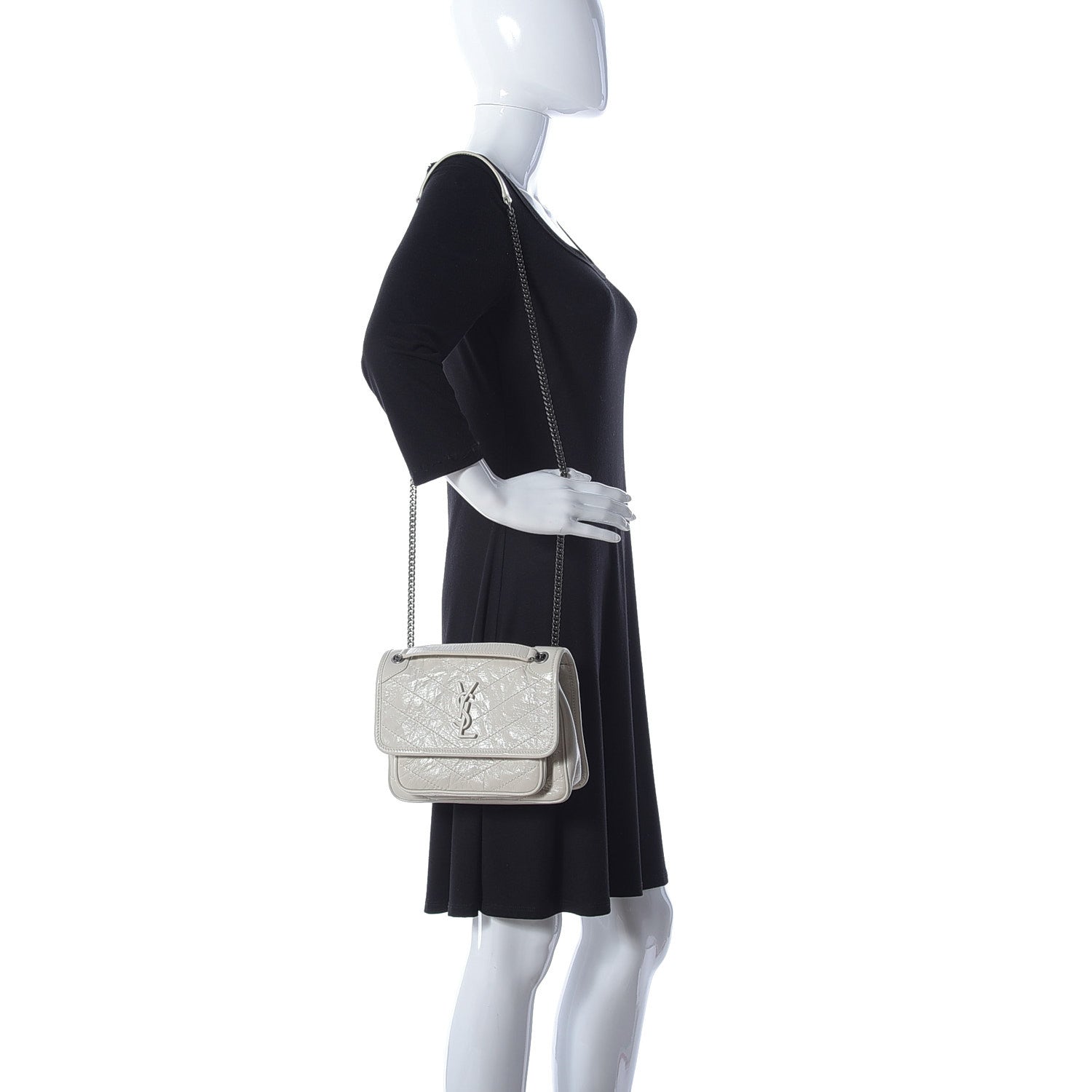 Saint Laurent Crinkled Calfskin Matelasse Monogram Baby Niki Chain Satchel White 2 of 11