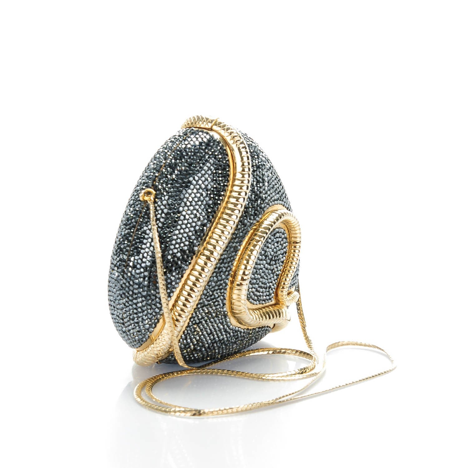 Judith Leiber Swarovski Crystal Snake Minaudiere Box Clutch Gold Black 3 of 7