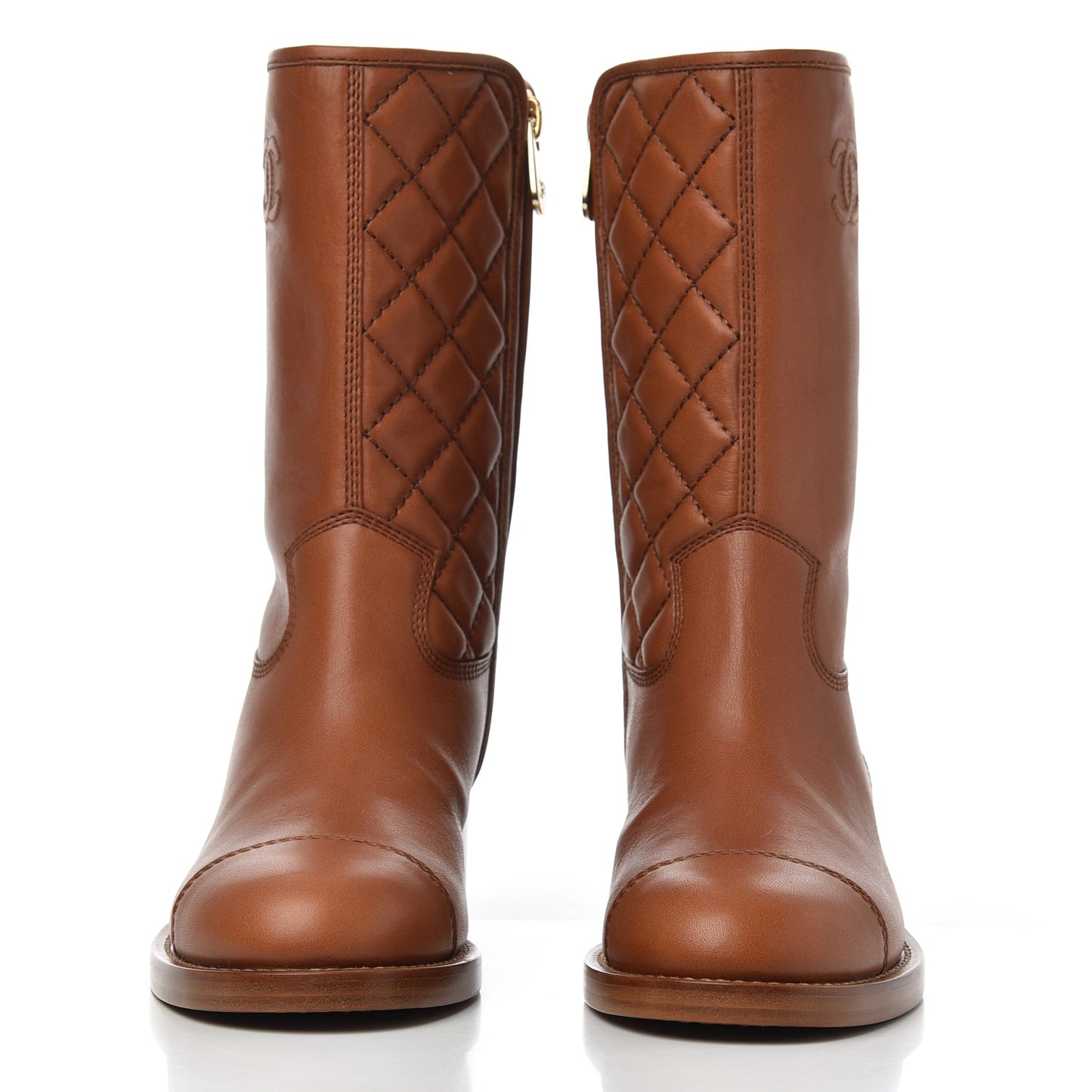 Calfskin CC Logo Mid Calf Boots 38 Caramel