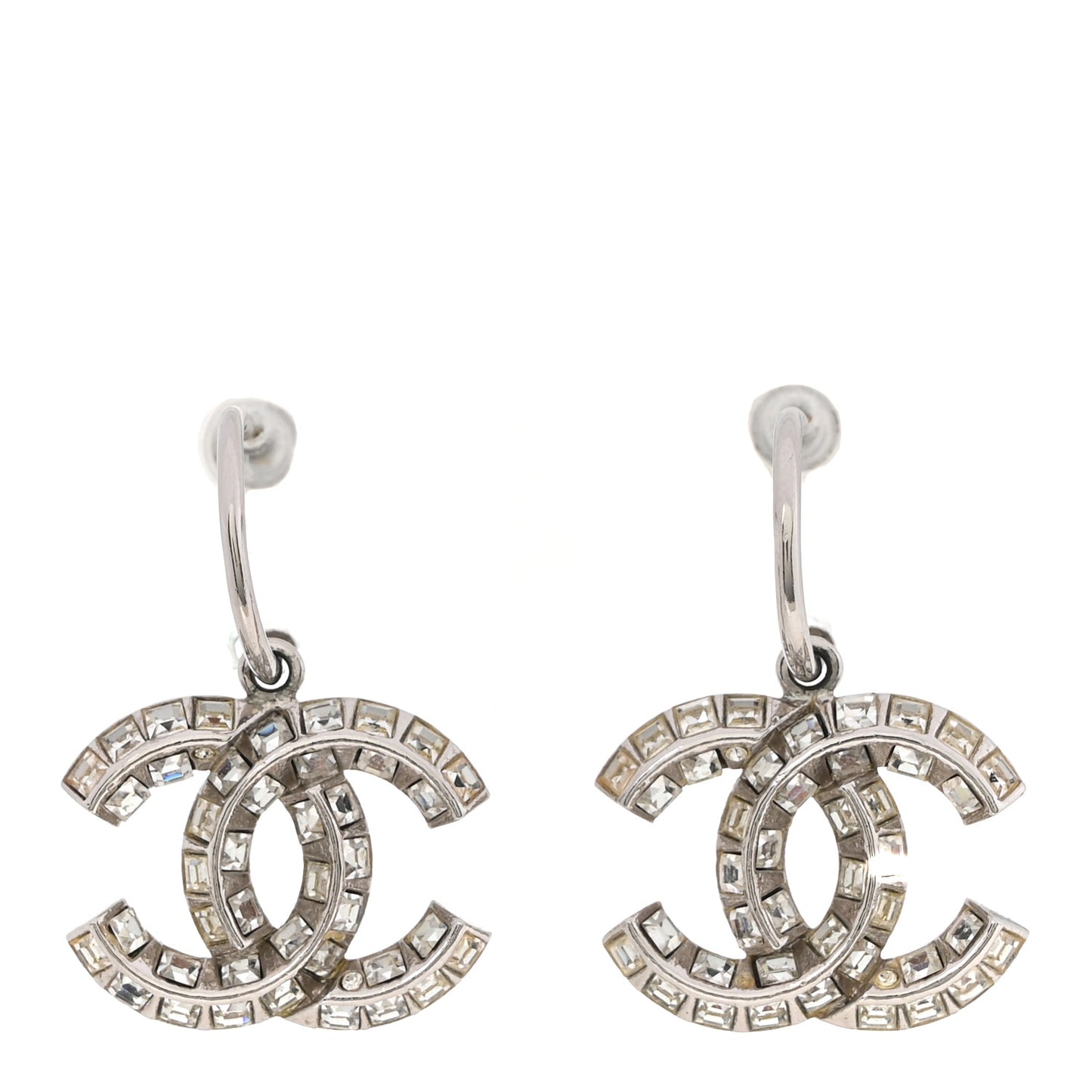 Baguette Crystal CC Drop Hoop Earrings Silver