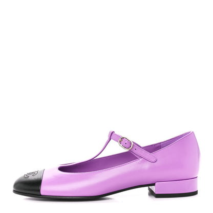 Chanel Calfskin Cap Toe T Strap CC Flats 38 Purple Black 1 of 9