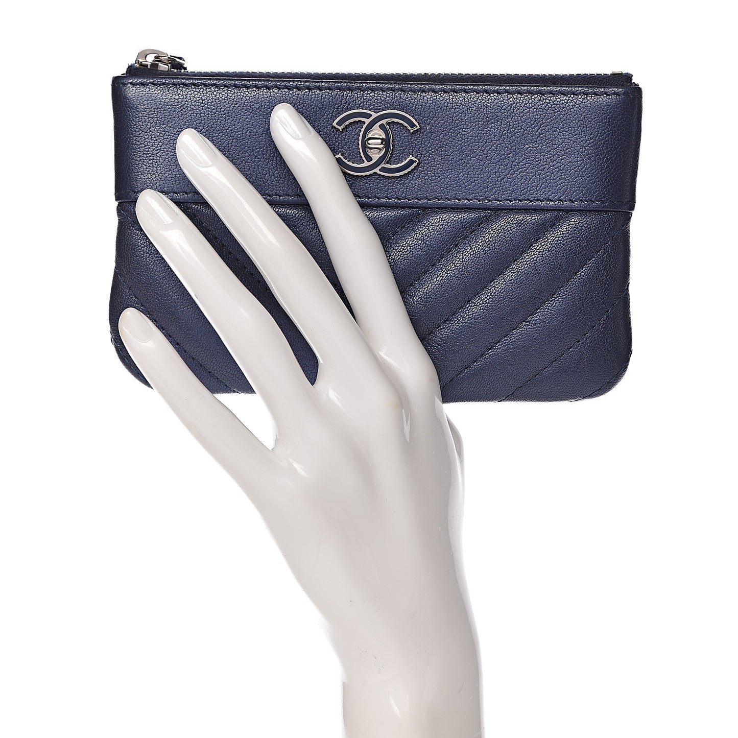 Metallic Sheepskin Chevron Quilted Small Vintage Mademoiselle Cosmetic Case Navy