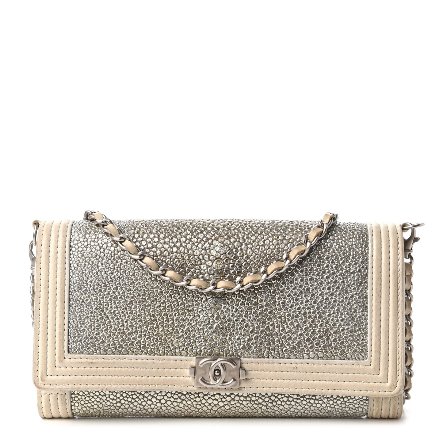 Metallic Galuchat Stingray Lambskin Boy Wallet With Removable Chain Silver