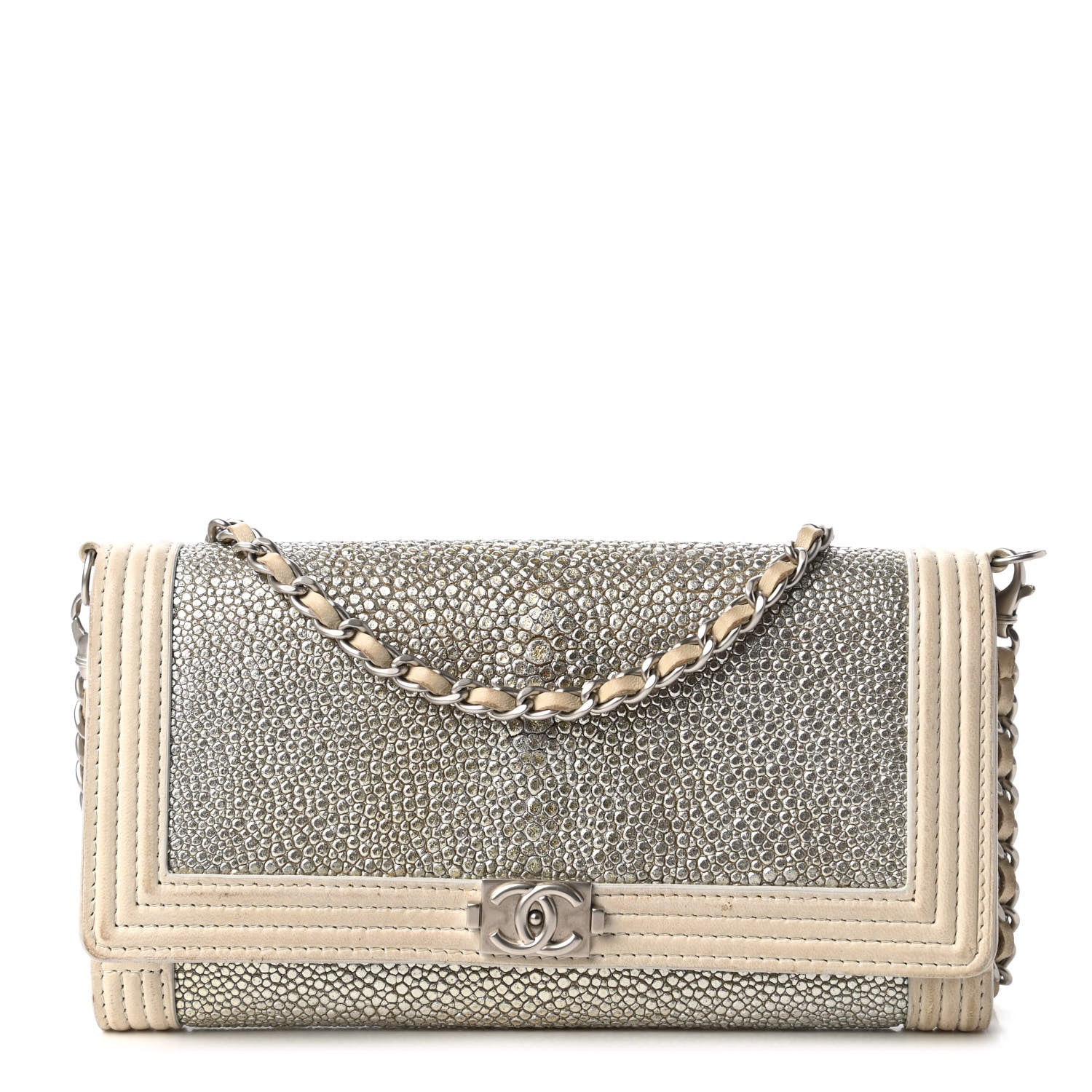 Chanel Metallic Galuchat Stingray Lambskin Boy Wallet With Removable Chain Silver 1 of 12