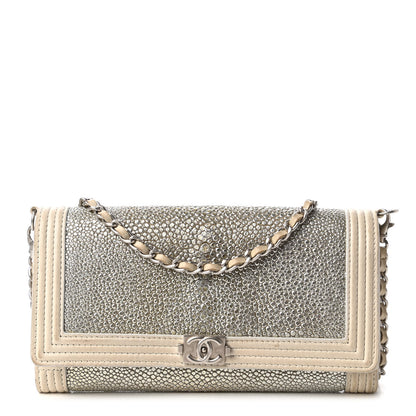 Chanel Metallic Galuchat Stingray Lambskin Boy Wallet With Removable Chain Silver 1 of 12